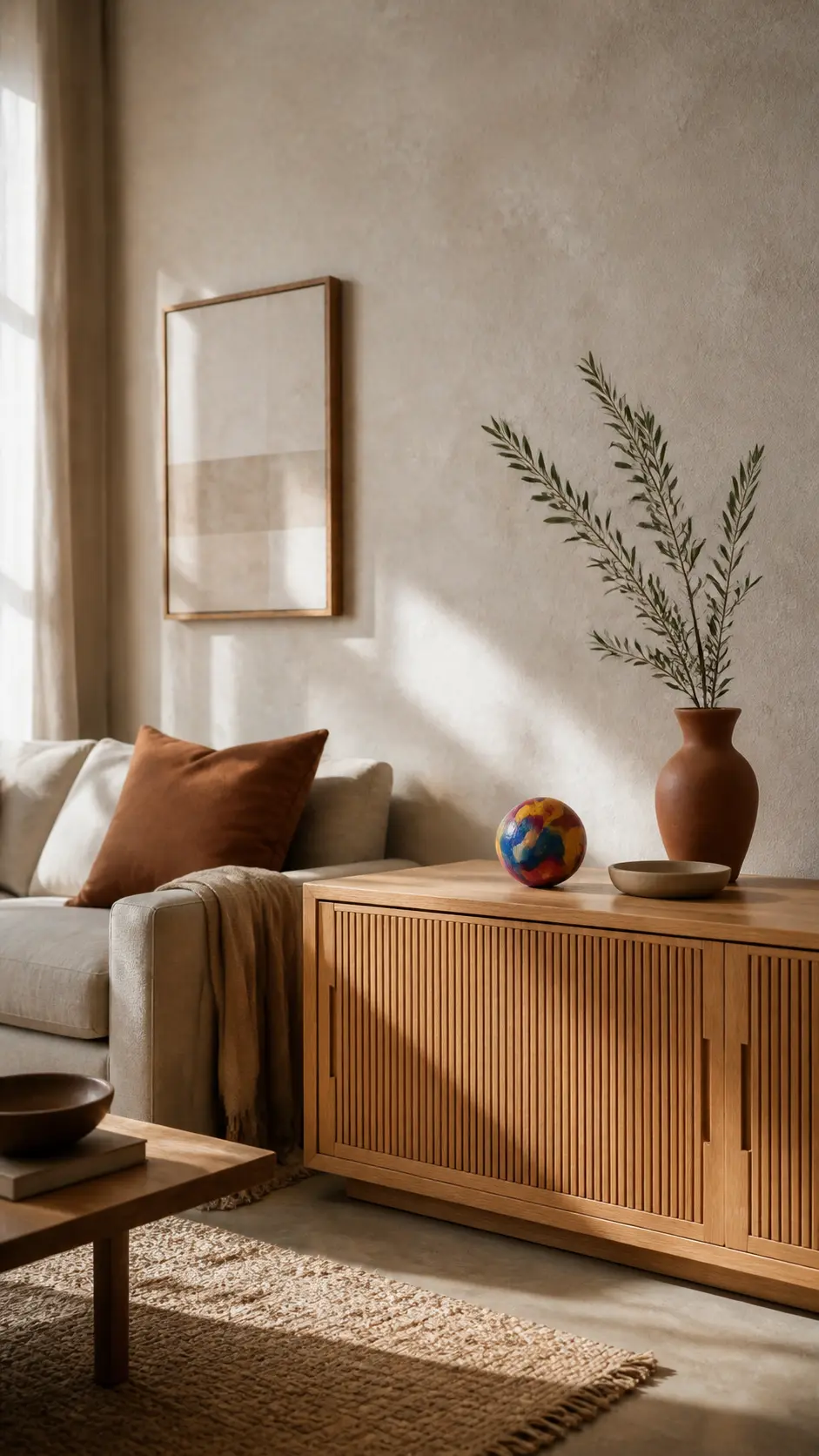 Kleurrijke Paintabol als accent op een eiken dressoir in een natuurlijk interieur