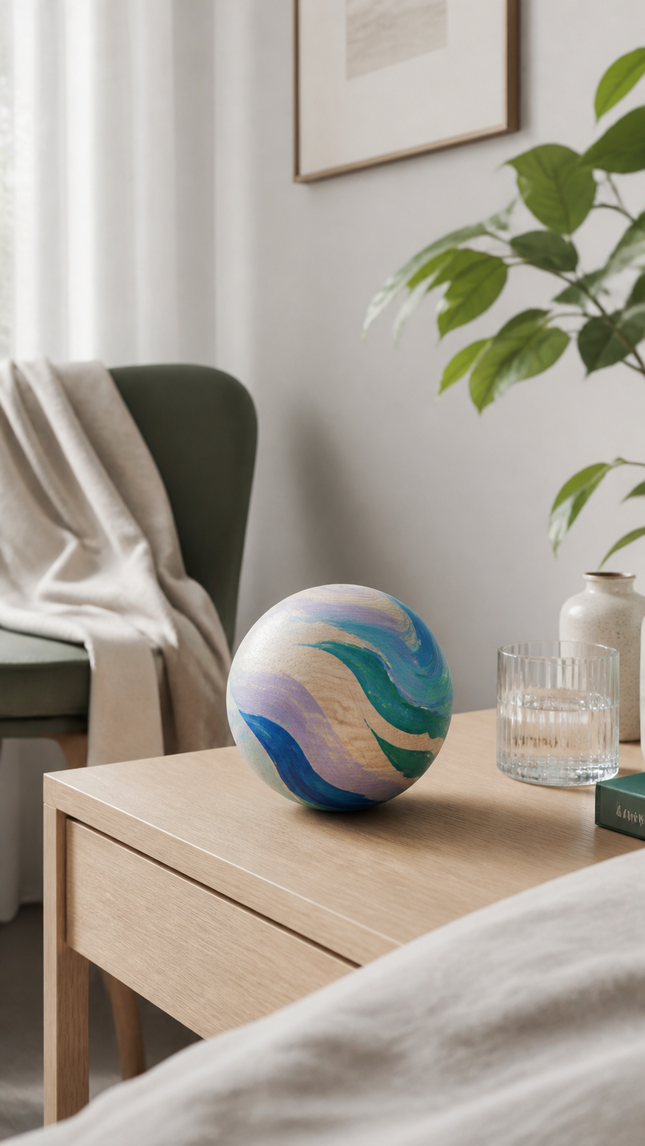 Paintabol met zachte golven op een licht eiken bijzettafel in een rustig interieur