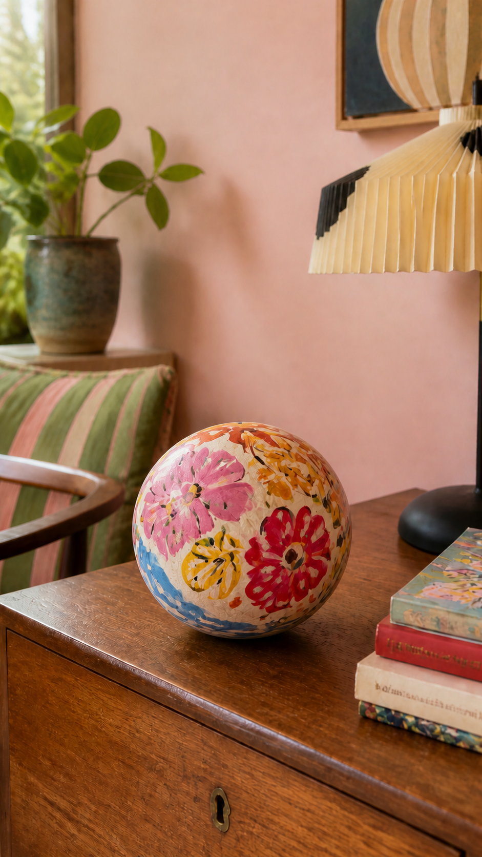 Dezelfde bol beschilderd met grote bloemen in roze, rood en oker