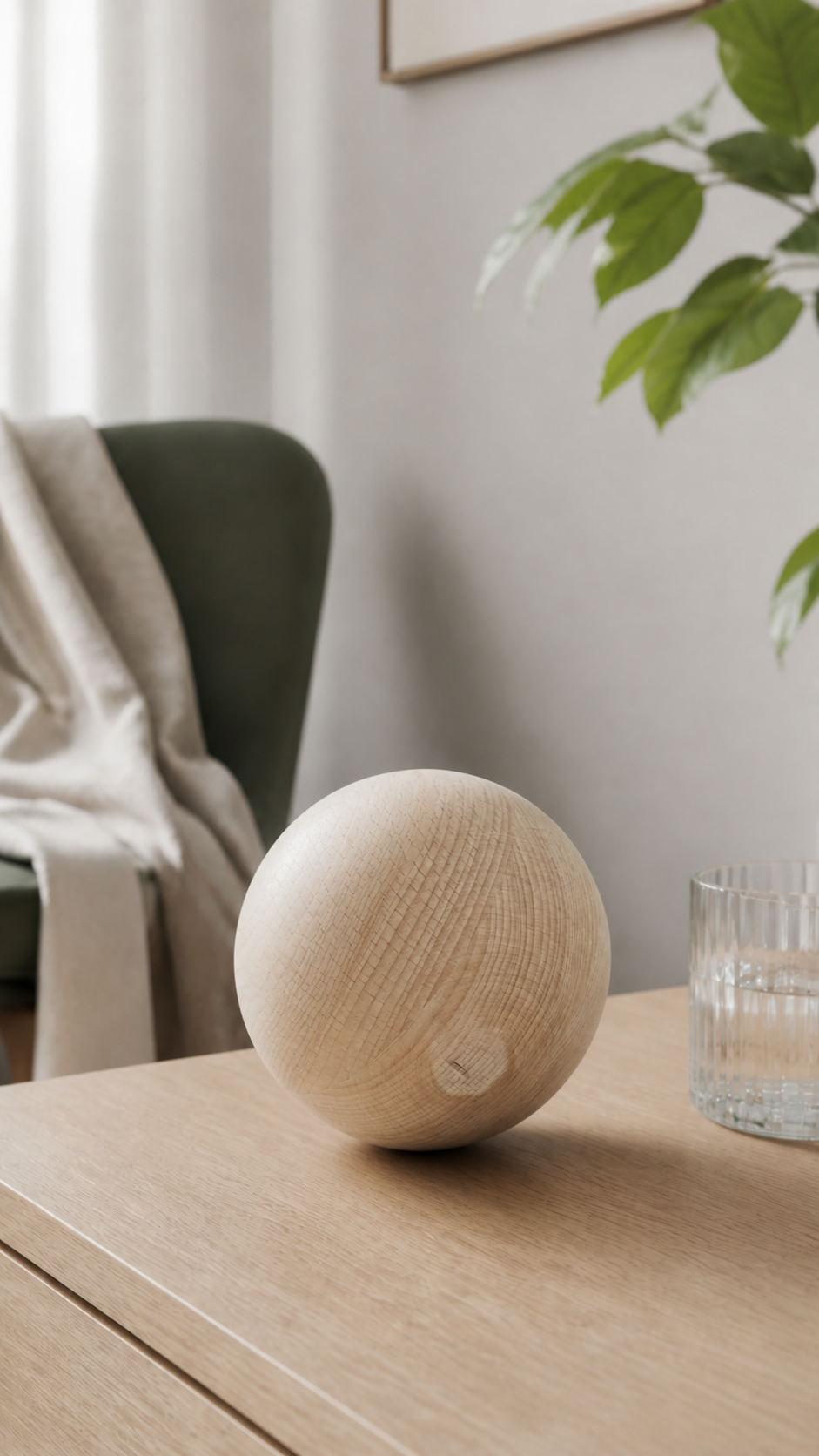 Onbeschilderde houten bol op een licht eiken bijzettafel