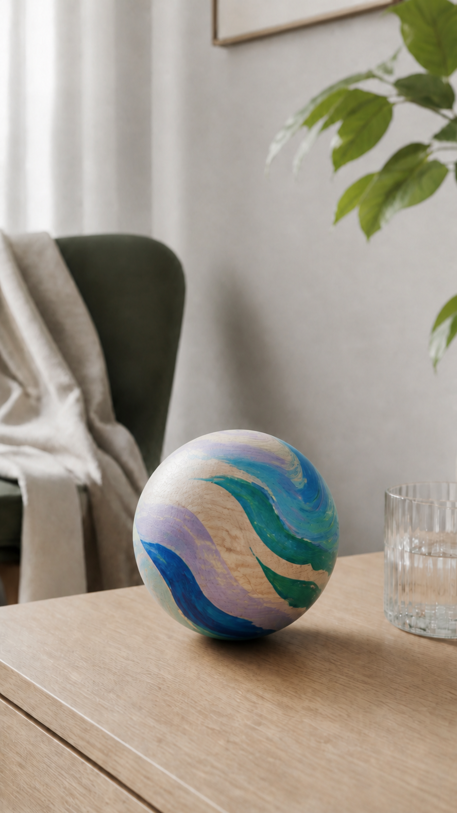 Dezelfde bol beschilderd met zachte golven in blauw, groen en lila