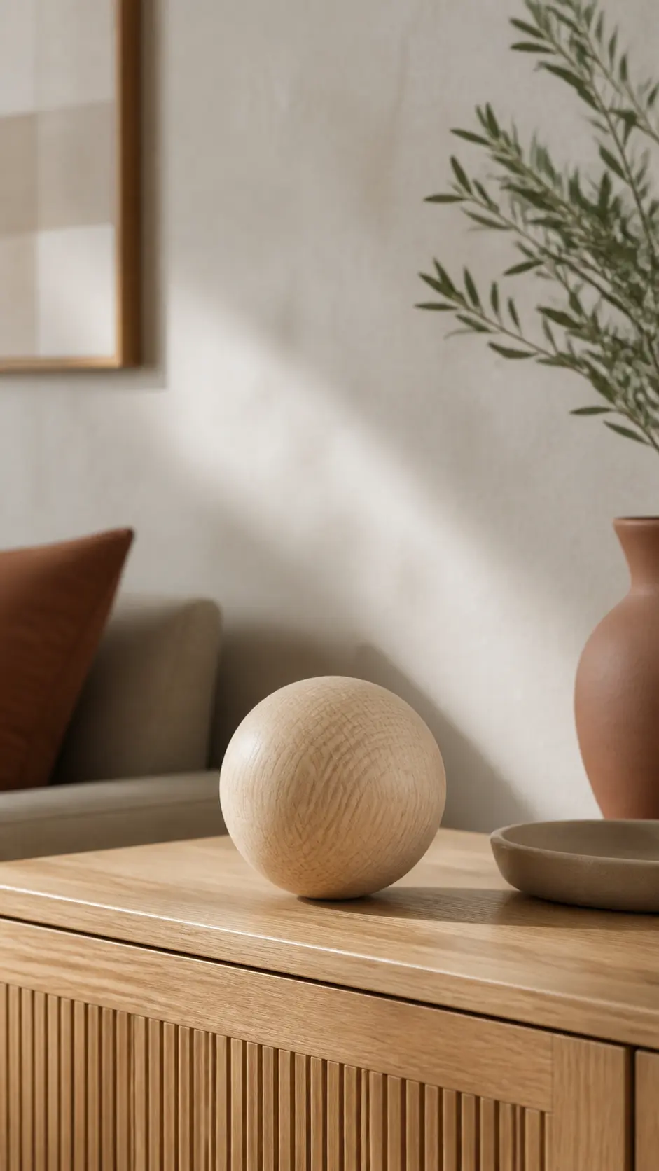 Kale, onbeschilderde houten Paintabol op een eiken dressoir