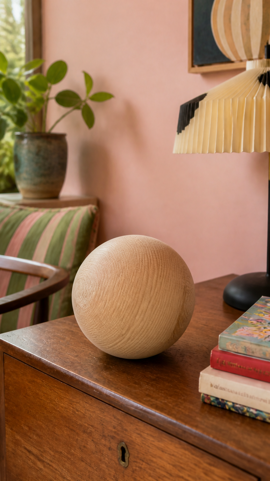 Onbeschilderde houten bol op een vintage dressoir in een roze kamer