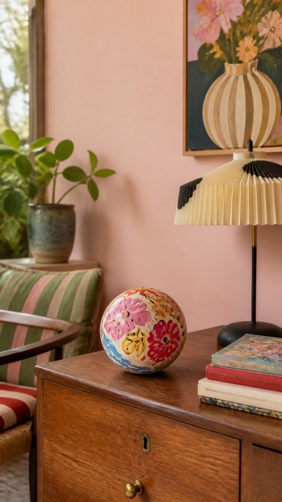 Bloemrijk beschilderde Paintabol op een vintage dressoir in een roze kamer